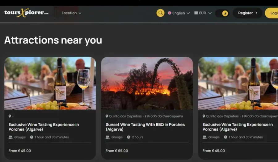 The ToursXplorer travel site AmCodr built, showing its attractions listing