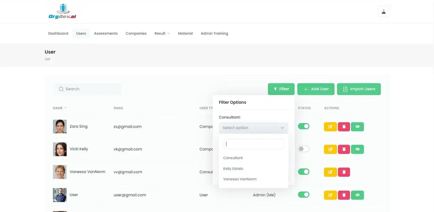 OrgDev.ai: User list with consultant filter