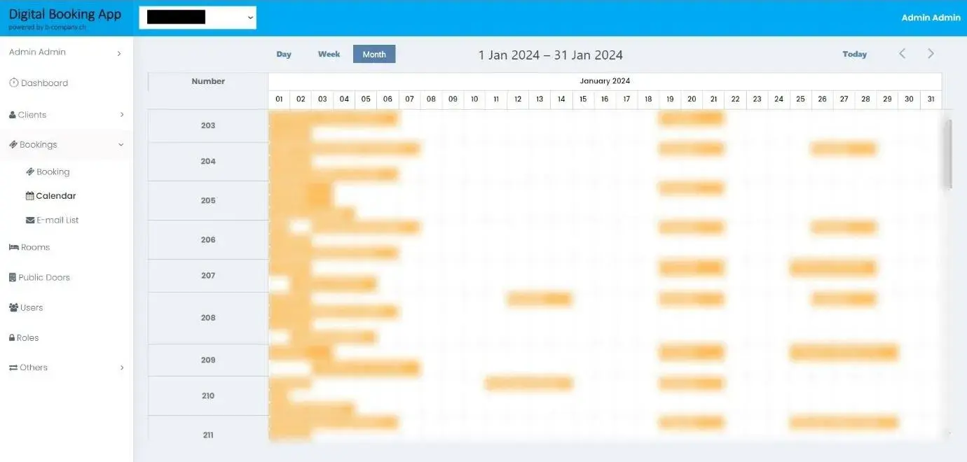Digital Booking App: Booking calendar, month view