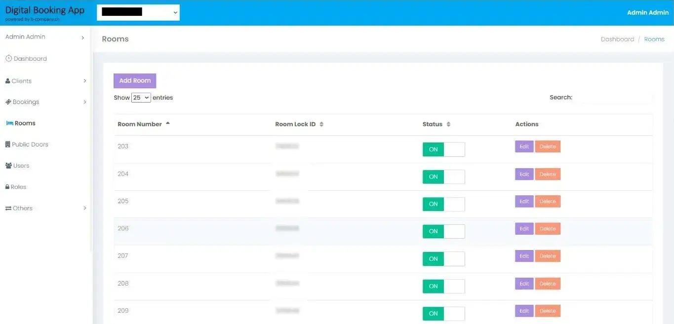 Digital Booking App: Rooms with lock IDs