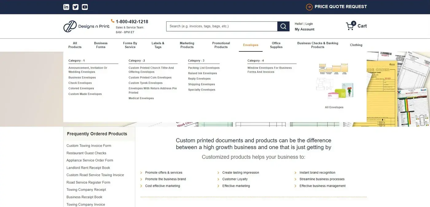 DesignsnPrint.com: Home page with the Envelopes menu