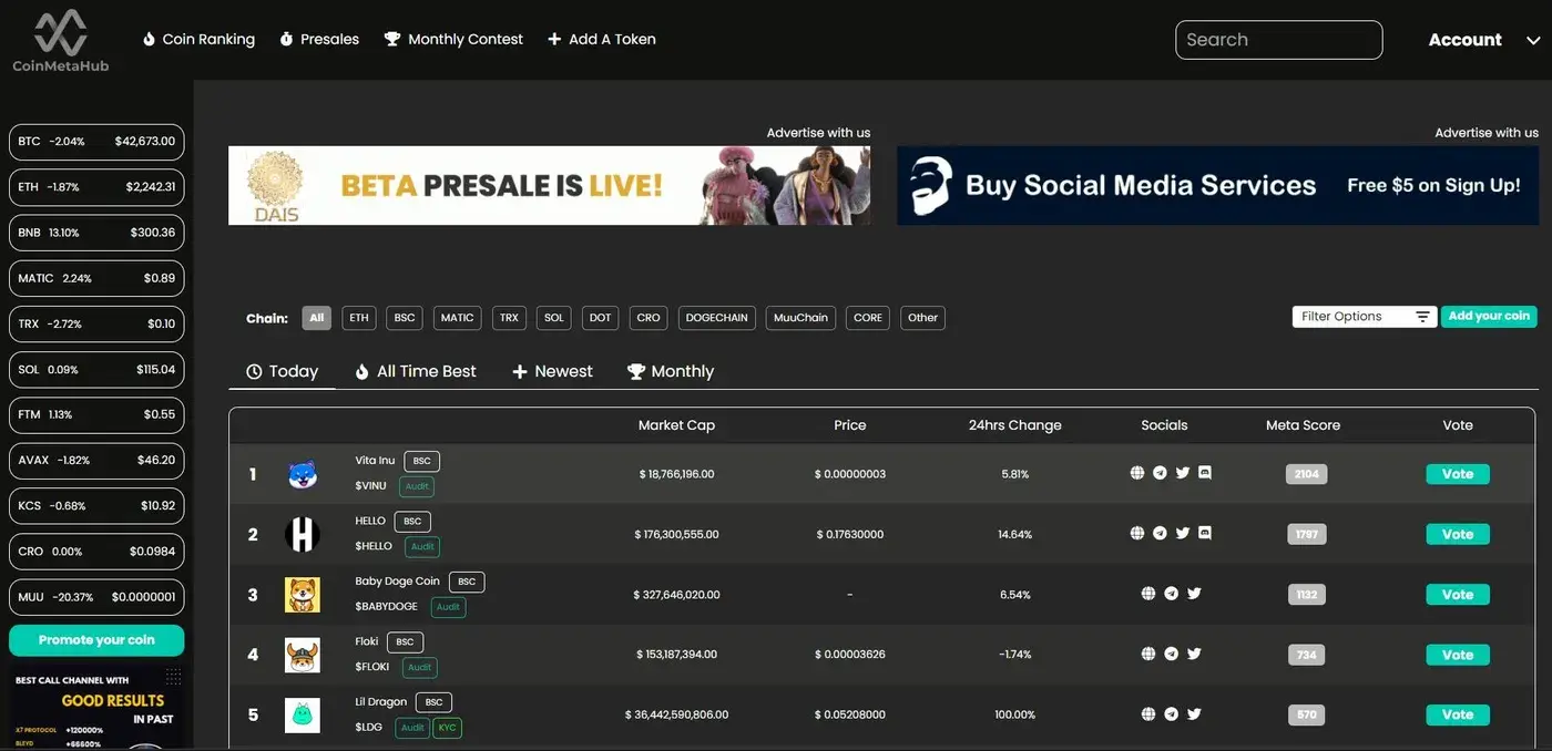Coin Meta Hub: Coin ranking with chain filters and voting