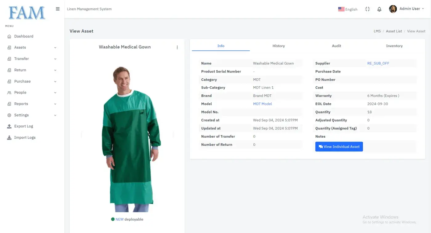 Linen Management System: Asset details