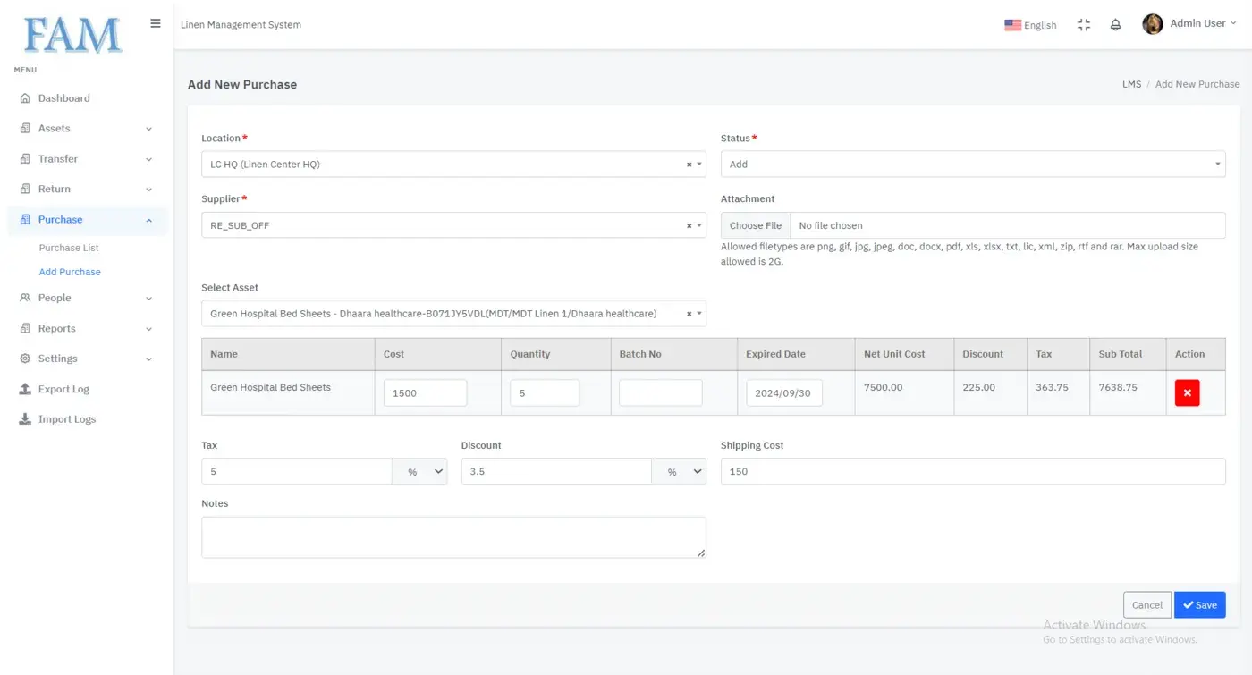 Linen Management System: Adding a purchase